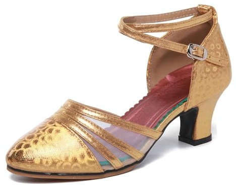 Dam Salsa Latindansskor tango skor rem blockklack pumps, Guld häl 3 cm, 38 EU