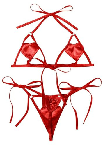 Oludkeph Set di lingerie da donna a rete trasparente, 2 pezzi, reggiseno con spalline e mutandine, micro costumi da bagno, set bikini per Natale e San Valentino, Rosso, M