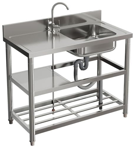 Warmiehomy Commercial Restaurant Sink 3 Tier Free Standing Sinks with Storage Shelf Stainless Steel Single Bowl Kitchen Sink Unit Outdoor Camping Washbasin with Drainer Kit, 100x50x89.5cm