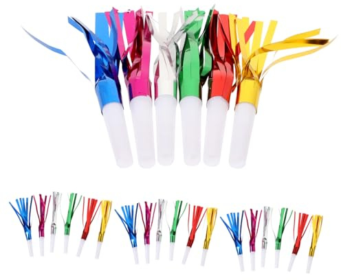 WHAMVOX 24 piezas Silbatos Infantiles de Plástico con Flecos Brillantes Generadores de Ruido para Fiestas de Cumpleaños y Celebraciones Accesorios Ruidosos para Festivo