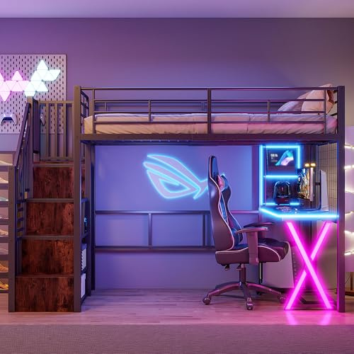 NovaFurnish Cama alta, 90 x 200 cm, con luces LED, escalera de almacenamiento, escritorio, armario, estanterías, sin colchón, color negro