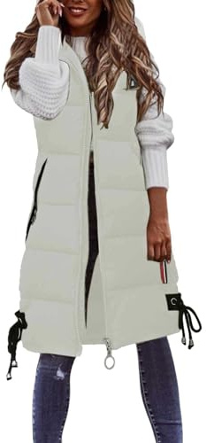 Genérico Chaleco Largo para Mujer, Chaqueta Sin Mangas para Mujer Chaleco con Capucha y Cremallera Chaquetas de Primavera Otoño Ivierno Abrigo de Cálidos on Bolsillos (02-Beige, M)