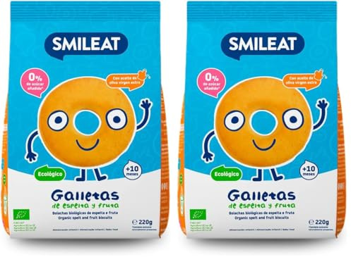 Smileat - Galletas de Espelta y Fruta para Peques 10+ meses - Sin Azúcar Añadido, Con Aceite de Oliva Virgen Extra- Perfectas Como Snack o Merienda - 220g (Paquete de 2)