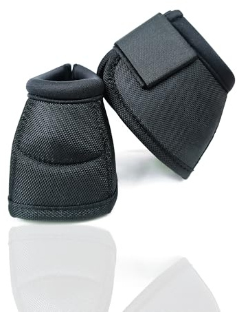 Hilltown Waterproof Bell Boots for Horses – Lightweight, No-Turn Knob, Neoprene Lining, Shock Absorption Material, and Double Hook and Loop Closure for Training, Jumping, and Racing - Black, M
