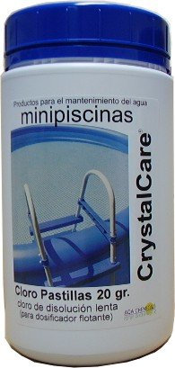 CrystalCare Cloro en Pastillas Tricloro 90%. Tabletas de 20 gr. Especial minipiscinas. Bote 1 Kg.