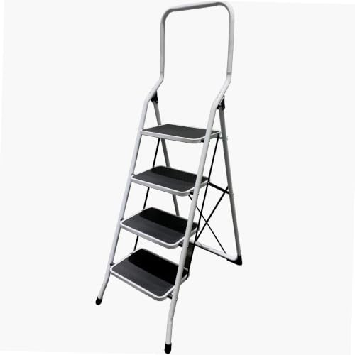 WERKA PRO Marchepied 4 Marches Sécurité Pliable - Tubes en Acier Laqué - Marches Extra Larges Antidérapantes - Garde-Corps 60 cm - Charge Maximale 150 kg - Compact et Robuste