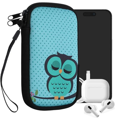 kwmobile Housse de Protection pour Smartphone M - 5,5 - Sacoche de Protection pour Téléphone Portable en Néoprène Chouette endormie Turquoise-Marron-Menthe glaciale