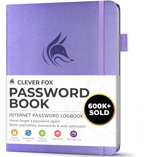 Clever Fox Password Book with alphabetical tabs. Internet Address Organizer Logbook. Small Pocket Password Keeper for Website Logins (Lavender)