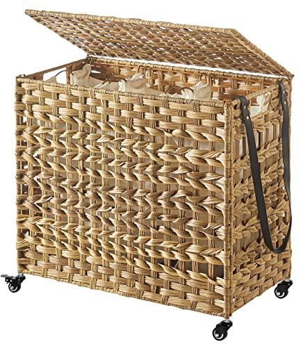 SONGMICS Panier à Linge tissé à la Main, Corbeille à Linge Imitation rotin, Mobile, 3 Compartiments de tri, Couvercle, poignées, Sacs Amovibles, Salon, Salle de Bain, buanderie, Marron LCB083N01