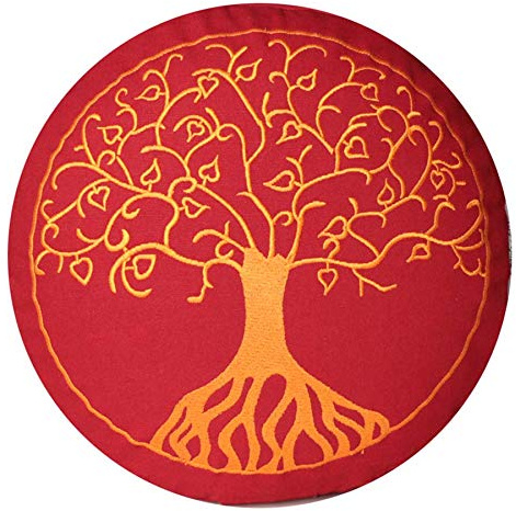 Cuscino da yoga per meditazione, con ricamo, albero della vita, 33 x 25 cm, riempito con farro, fodera e fodera in 100% cotone (rosso buddista, altezza: 25 cm / coulisse)