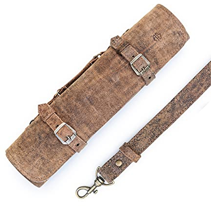 Angus Stoke Knife Roll Bag Genuine Leather ā knife case for Chefs 7 slots ā Leather Knife with handle and strap Frank (Brown-Antique)
