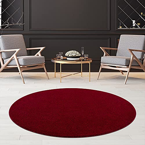 Fashion4Home Teppich Wohnzimmer – Einfarbig, Uni Teppich fürs Kinderzimmer, Schlafzimmer, Arbeitszimmer, Büro, Flur und Küche - Kurzflor,Rot, Größe: 200 cm Rund