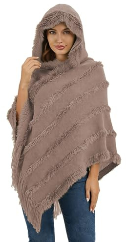 Rayson Womens Crochet Poncho with Fringe Soft Knitted Fluff Capes Solid Knitting Shawl Wrap Poncho Fringe Sweater Coats,Khaki