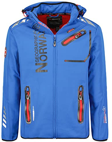 Geographical Norway Royaute Men - Chaqueta Softshell Hombres Impermeable Con Capucha - Chaqueta Outdoor Cortavientos Resistente - Senderismo Esquí Otoño Invierno Primavera (Azul real M)