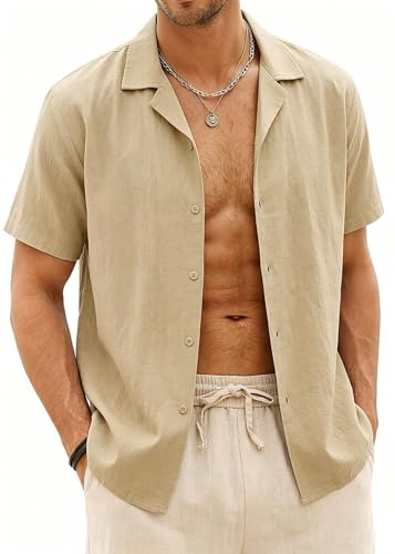 Halfword Camisa Lino Hombre Manga Corta Verano Casual Coton Botones Camisa Suelta Playa Boda Blanca Shirt