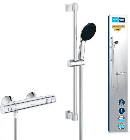 GROHE Precision Start - Exposed Thermostat Shower Set (Round 11 cm Hand 1 Spray: Rain,Hose 1.75 m,Rail 60 cm, Safety Functions, Water Saving), Chrome, 34597001