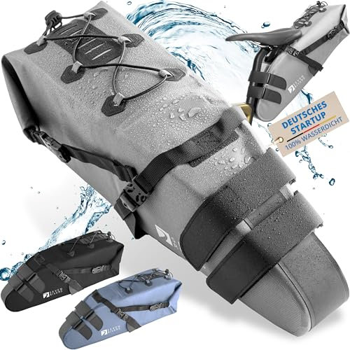 SEVENRIVERS® - Bikepacking Satteltasche [Neuheit 2024] 100% Wasserdicht | Fahrradtasche für Sattel m. extra festem Halt | Bike Saddle Bag fürs Gravelbike, Rennrad & MTB (10 Liter) Grau