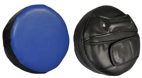 TEKKA BUDO Handpratze extra weich - Rund 25 cm - einstellbare Griffe - Kunstleder schwarz-blau - Kindertraining, Karate, Kickboxen, Kampfsport