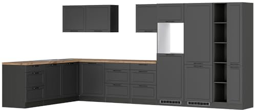 Lomadox Winkelküche Küche Einbauküche Küchenzeile L-Form 420/240 cm in grau, Arbeitsplatte in Eiche