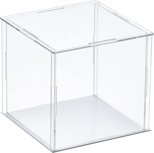 TA-VIGOR Acrylic Clear Display Box, 10 x 10 x 10cm Assemble Countertop Case Cube Storage Box Organizer Stand Dustproof Protection Showcase with White Base for Collectibles Storage
