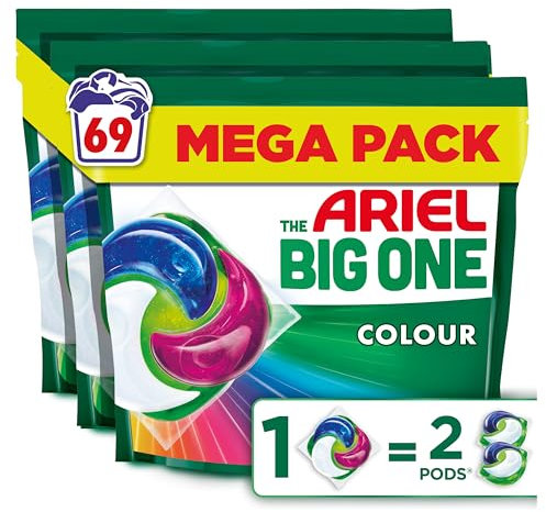 Ariel The Big One PODS Laundry Capsules, 69 Washes (3 x 23), Colour – 2X Stain & Odour Removal, Fast Dissolving in Cold