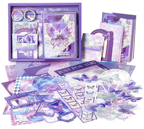 Kit de scrapbooking esthétique de 162 pièces, kit de fournitures de scrapbooking sur le thème des papillons vintage avec grille A6, carnet de notes, autocollants en papier Washi pour bricolage