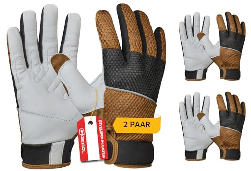 Gebol G-Base Garden Tech, 2 Paar Arbeitshandschuhe Herren mit Leder-Handinnenfläche & atmungsaktivem Mesh-Rücken, Gartenhandschuhe mit Klettverschluss, Schutzhandschuhe Gr. L (Gr.9), Grau/Braun