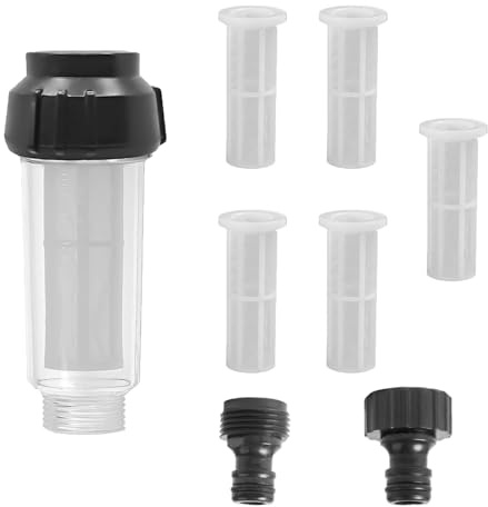 Wasserfilter Gartenschlauch, Fleymu Wasserfilter Wohnmobil, 3/4 Zoll Wasser Vorfilter Wasserfilter Set mit 5 Filtereinsatz + 2 Schnelladapter für Hochdruckreiniger, Gartenbewässerung, Wohnmobil