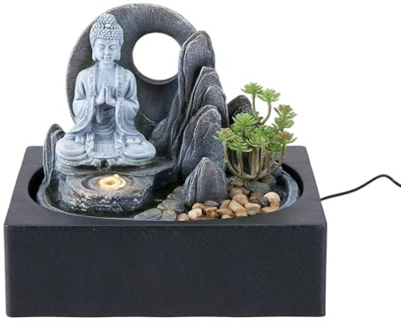BTGGG Indoor Water Fountain Stone Buddha with LED Light, Indoor Water Feature with Decorating Rocks Plants, Table Top Meditation Zen Buddha Fountain Relaxing Home Decor, 3 Pin UK Plug Included
