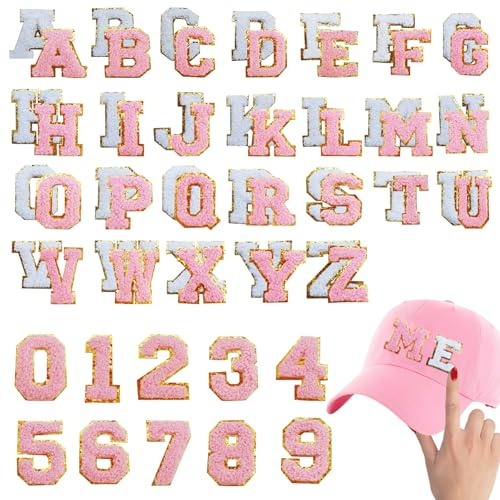62 Pcs Self Adhesive Chenille Letter Patches and Numbers Stickers, A-Z Stick on Embroidered Letter Patches Numbers Patches for Clothes, Backpacks, Bags, Hats, Phone Case (Pink,White)