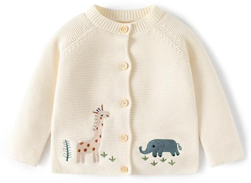 Fohuanky Bébé Cardigan en Coton pour Tout-Petit, Tricoté avec Broderie d'Animaux et Champignons, Pull de Printemps et d'Automne, Vêtement Extérieur pour 6-24 Mois, Imprimé animal, 24 mois