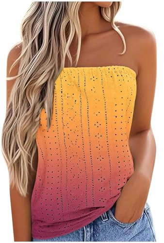 2025 Femmes Bustier Bandeau Tops Sexy Été Tunique sans Manches Vest T-Shirt Floral Debardeur Ample Chemise sans Bretelle Haut Dos Nu Blouse Haut Tendance T Shirt Bandeau Blanc Stretch