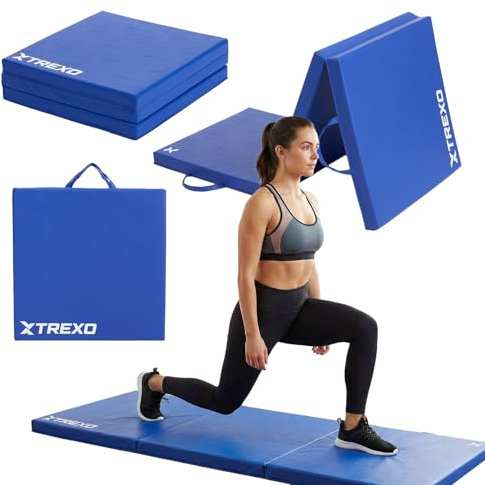 TREXO – Tapis de Gymnastique Pliable 180 x 60 x 5 cm 3-Panneaux – Tapis d’Entraînement Portable avec Poignée, Mousse EPE & Revêtement Similicuir – Bleu