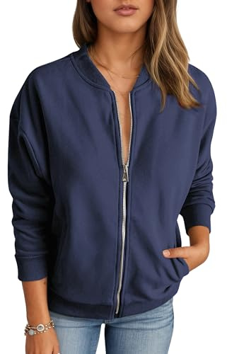 Timuspo Zipper sweatshirt dam casual sweatjacka övergångsjacka vår höst blouson jacka med collegekrage ytterkläder enfärgad bomberjacka, Marinblå, XL