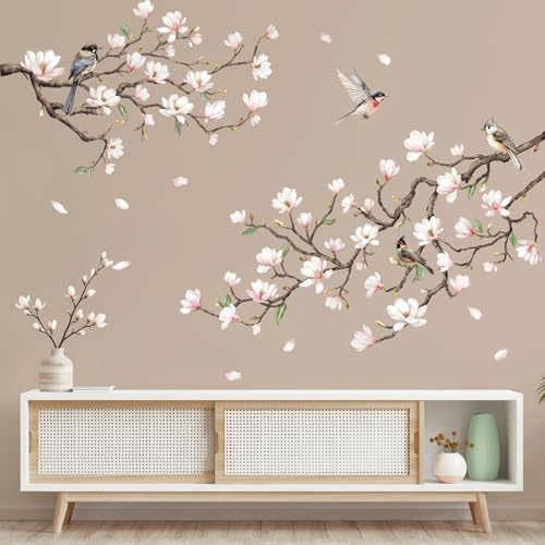Tanlaby Adesivi Murali Fiori Magnolia Adesivi da Parete Floreali Rami e Uccelli, Adesivi per Muro Decorativi Grandi per Camera da Letto e Soggiorno