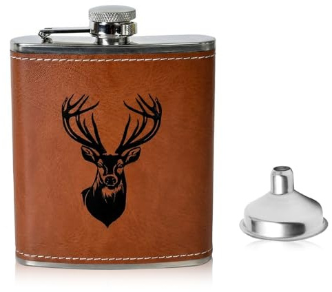 Zimoer Petacas de Acero Inoxidable con Embudo, Petaca Portátil con Embudo, Cuero Artificial Petacas de Alcohol, Frasco de Alcohol Whisky para Escalada Camping Barbacoa Senderismo, 7Oz 210ml, Marrón