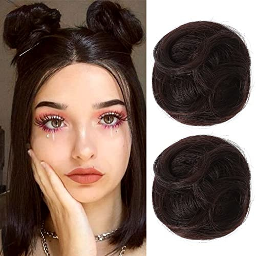 REECHO 2 PCS Mini Claw Clip in Messy & Cat Ears Hair Bun Extensions HB001 Wig Accessory Updo Hairpieces for Women (Pack of 2-3.5 Wavy, Dark Brown)