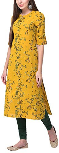 Ladyline Kurti Kurta Tunique en coton imprimé ethnique avec fente sur le devant et manches enroulables et col boutonné, moutarde, 48
