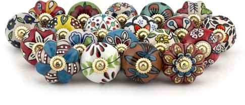 Craft Trade Assorted Multicolor Ceramic Knobs, Pack of 20 | Assorted multicolor ceramic knobs with floral designs for drawers, cabinets, cupboards, wardrobes and dressers.