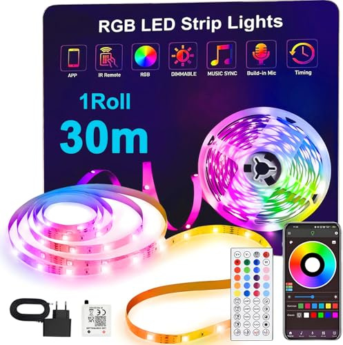 ONSTUY LED Remsa 30m,LED List med Smart Appstyrning,16 Miljoner Färger,Dimbar,Färgförändring,Kapbar,30m RGB Flexibel Ljusstrips med Controller Sync to Music Lämplig för Sovrum,Fest och Heminredning