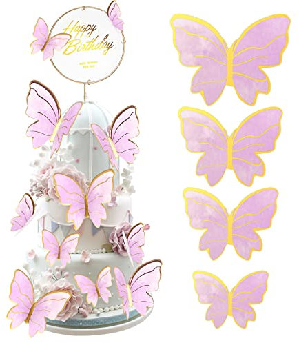 40 Piezas Mariposas Decoración para Tartas, 3D Mariposas Tarta Toppers Decoración para Fiestas de Cumpleaños, Fiestas de Baby Shower, Bodas, Aniversarios, Decoración de Pared - Rosa