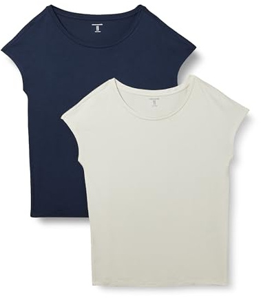 Amazon Essentials Camiseta de Jersey con Cuello de Barco de Manga Corta y Corte Estándar Mujer, Pack de 2, Arena/Azul Marino, XXL