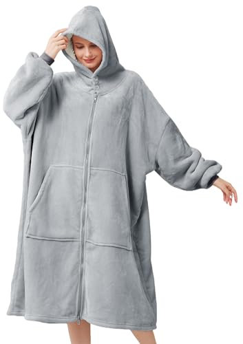 SPFASZEIV Tragbarer Hoodie Decke Damen Sherpa Übergroße Sweatshirt Kuscheldecke mit Ärmeln Tasche Kapuze für Erwachsene Herren Frauen Grau