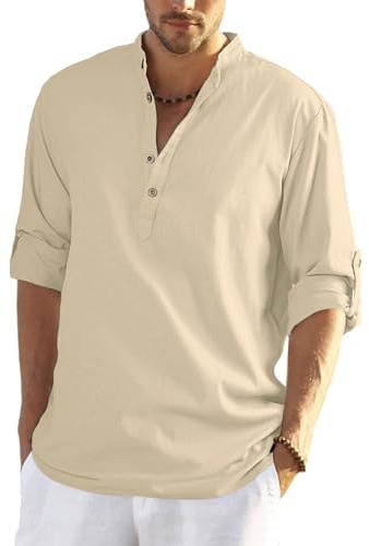 YAOHUOLE Chemise Lin Homme Manches Longues Été Mao Décontractée Henley Shirts Chemise Homme Decontracte
