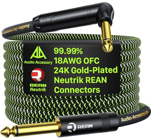 AA AUDIO ACCESSORY Pro Series Guitar Cable 10 ft, Gold-Plated Neutrik REAN Connector, 18 AWG 99.99% OFC, Low Capacitance Straight to Right Angle 1/4 Inch Instrument Cable for Fender Electric Guitar