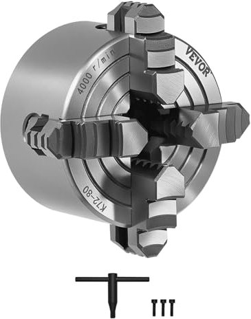 VEVOR 4-Backen-Drehfutter, 80 mm, Spannfutter, 5-80 mm Spannbereich mit T-Schlüssel-Befestigungsschrauben, umkehrbare Backen, HT300-Material, für Holz-Metall-Drehmaschine