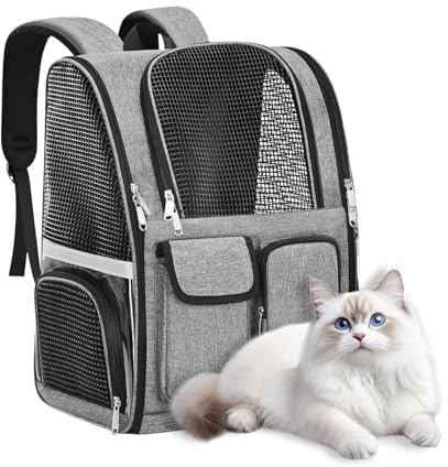 Sac à Dos pour Chat – Sac de Transport Respirant avec Grande capacité, Multiples Fermetures éclair, Bandes réfléchissantes et Bretelles S Confortables – Sac de Transport pour Chat