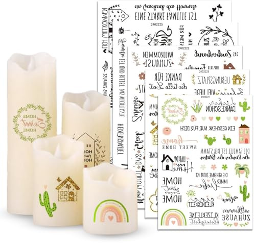 Rub On Sticker 5 Sheets Cosy Sayings Candle Tattoos - Transfer Sticker Water Slide Film for Candles, Glass, Wood, Furniture DIY Crafts Decoration Gift (Black Type A, Colourful Type B) (Colourful Type