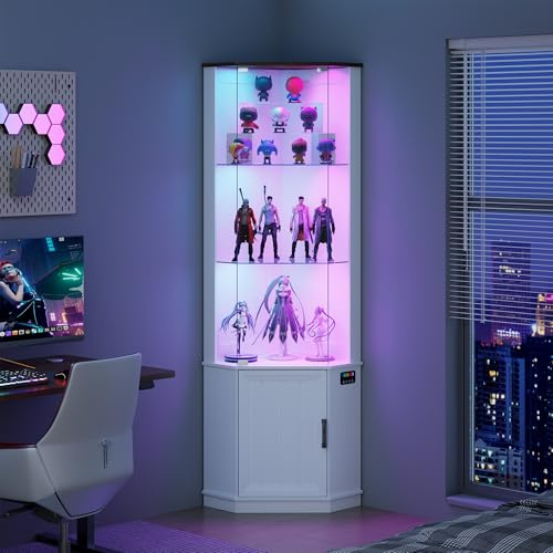 69Corner Glass Display Cabinet with RGB Lights and Human Body Sensor | Curio Display with 3-Tier Movable Glass Shelves,Bookcase with Storage Cabinet for Toys,Books,Collectibles,Liquor,White