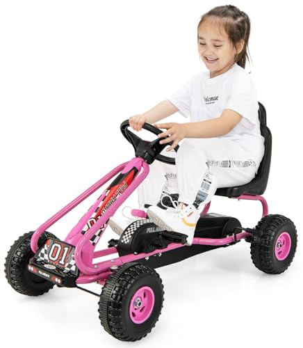 GOPLUS Vehículo de Pedales para Niños, Carrito con 4 Ruedas No Deslizantes, Go Kart con Asiento Acogedor y Freno Manual, 3-6 Años (Rosa)